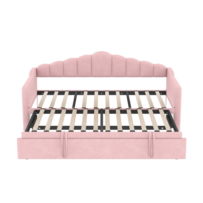 Lit de jour tapissier simple avec lit gigogne escamotable à hauteur réglable et port de charge USB et Type-C, structure de lit de jour avec 2 poches latérales, aucun sommier nécessaire, rose