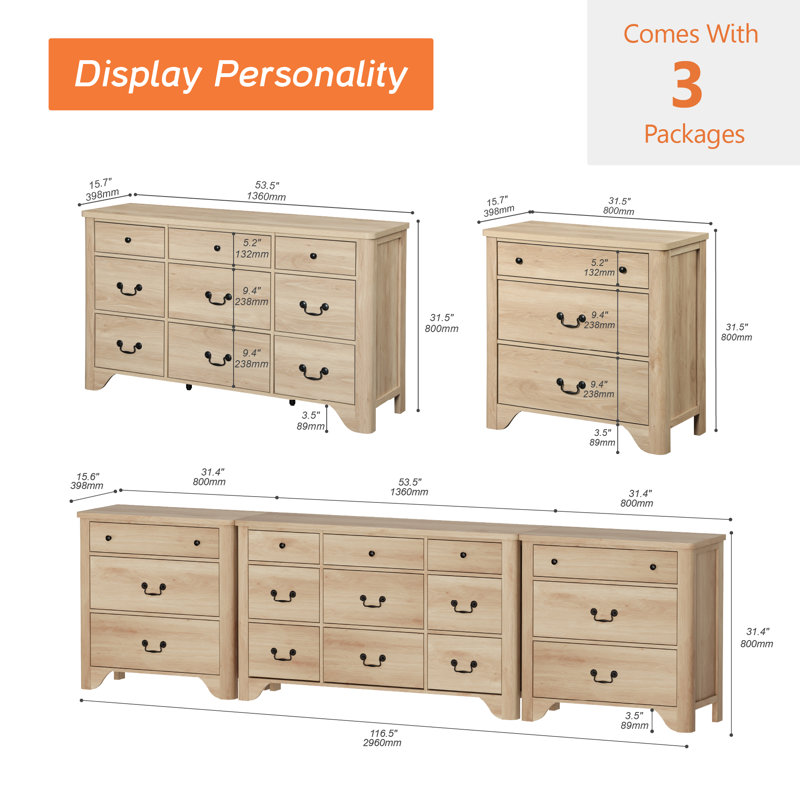 Ensemble de commode 3 pièces Haikey, Chêne