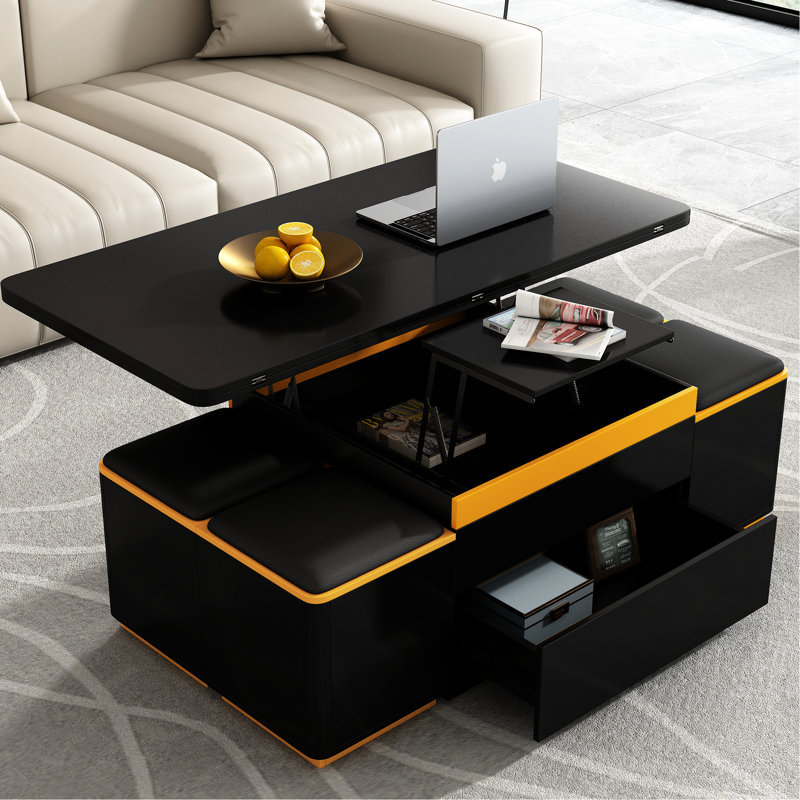 [Vidéo fournie] Table basse à plateau relevable VIBE HAUS avec tabourets de rangement, table centrale moderne avec plateau pliable, table basse multifonctionnelle réglable pour le salon (ANCIEN SKU: N724P292506B)