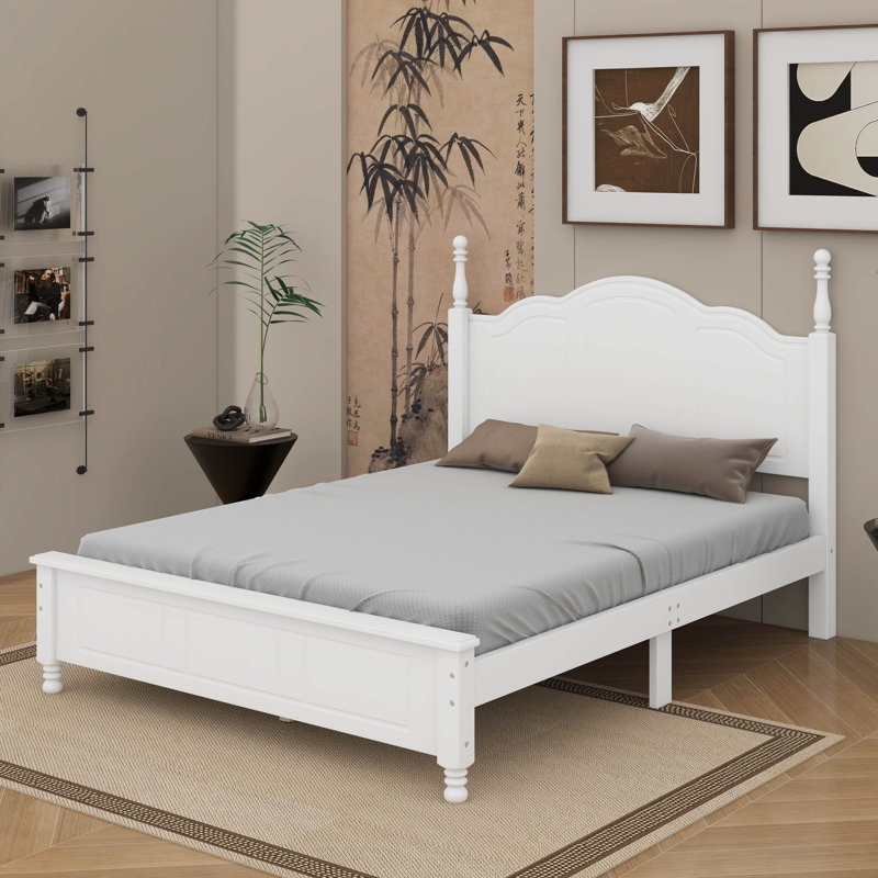 Lit plateforme en bois de style rétro avec support en lattes de bois, Grand lit, Blanc