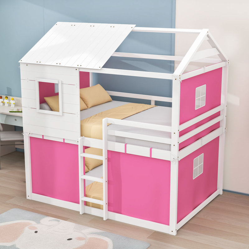 Frame House Bed With Tent And Ladder, Pink White, Full Over Full
