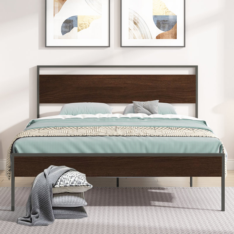 Metal Bed with Wood Headboard and Footboard, Walnut, Queen