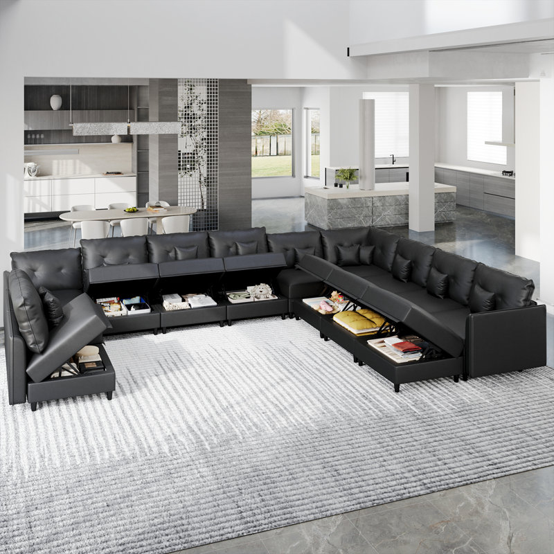 Zendajas Upholstered U-Shaped Sectional, Black Faux Leather