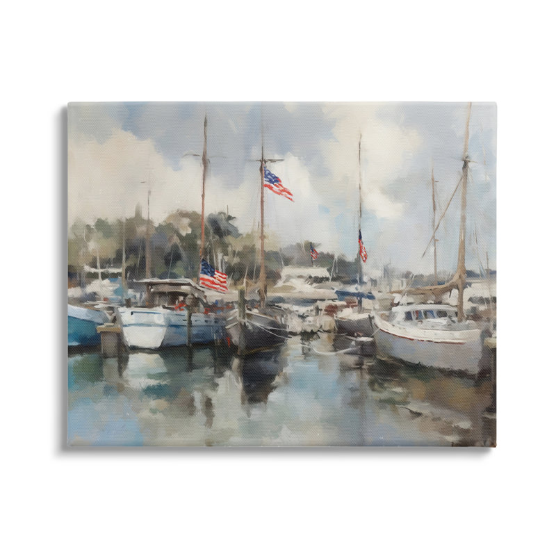 Bateaux avec drapeaux américains par Ziwei Li, Estampe numérique encadrée blanc bord de mer, H 24 po x l 30 po x P 1,5 po