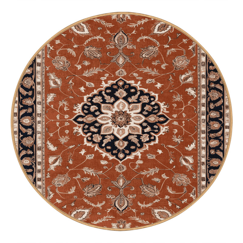 Tapis brun Tabriz lavable à la machine, Rond 4 pi