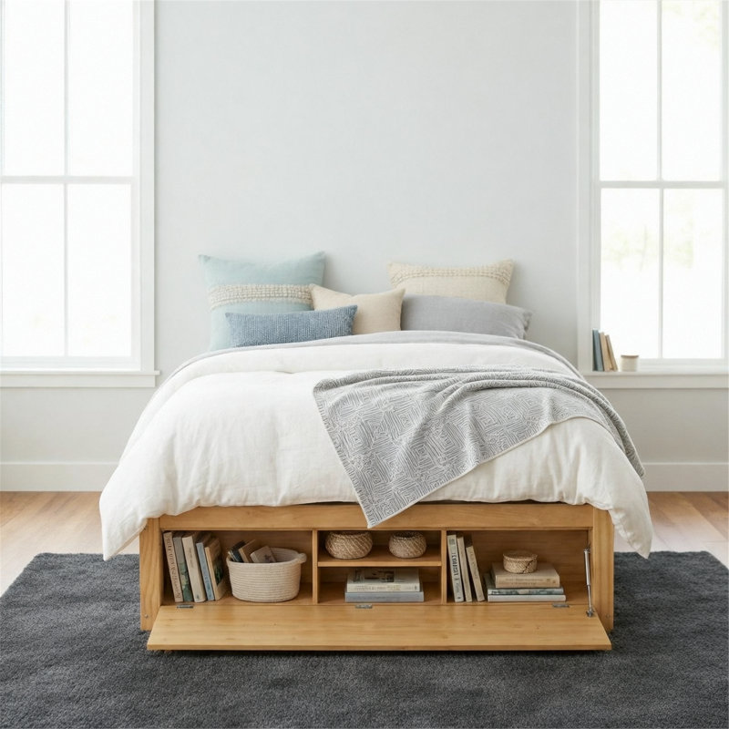 Platform Bed Frame With 4 Storage Drawers And Footboard Storage, Natural