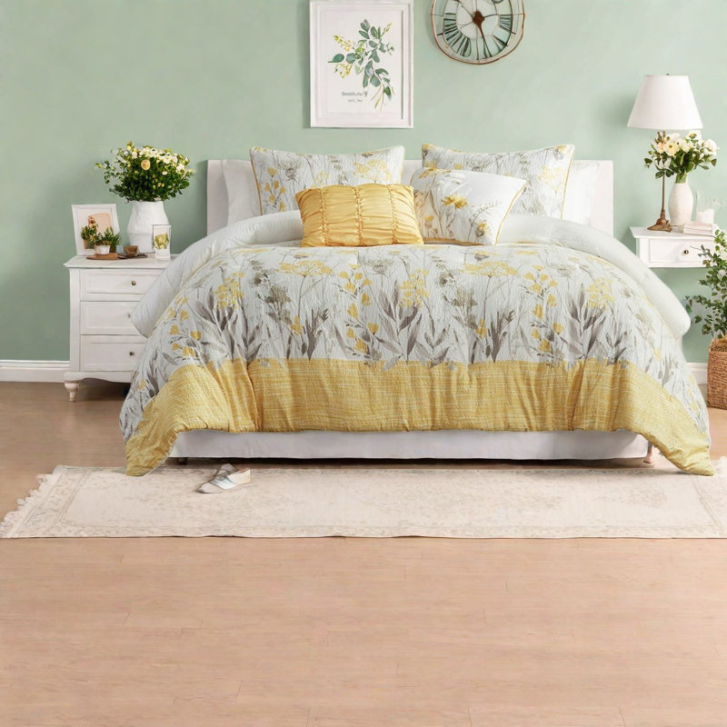 Modern Farmhouse Bedding Sets, Yellow Polyester Comforter Set With Decorative Throw Pillows For Full/queen