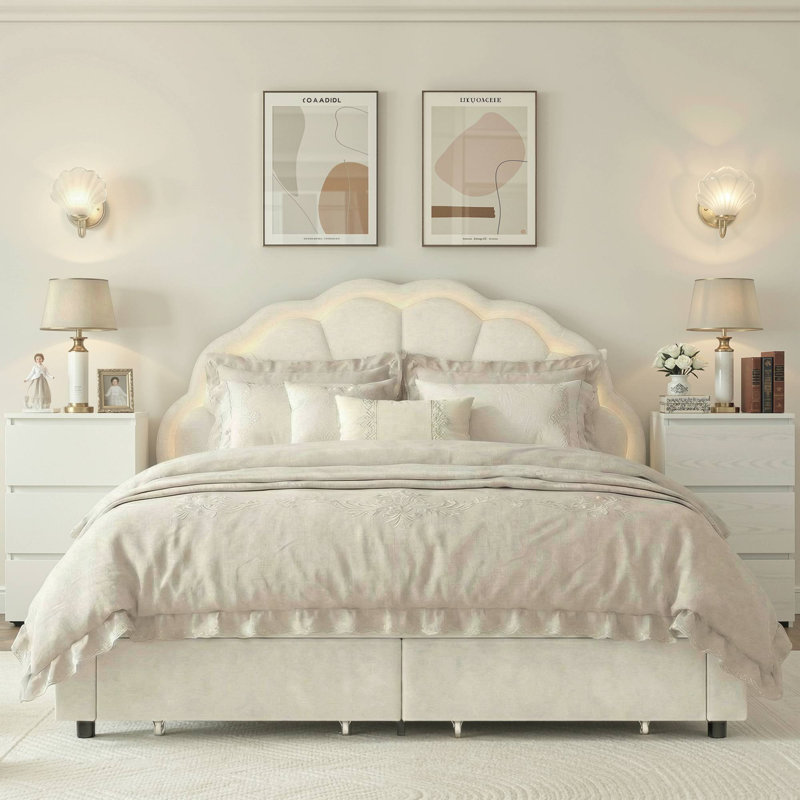 Ensemble de chambre à coucher 3 pièces, lit moderne tapissier à DEL avec tiroir et tables de chevet à 3 tiroirs avec port de charge, cadre de lit double