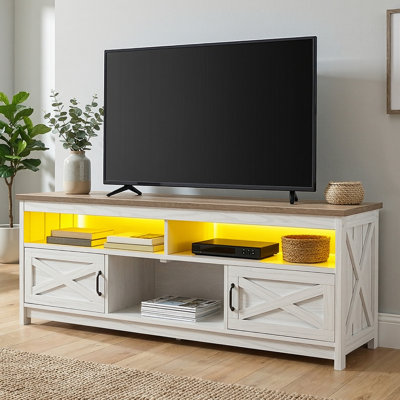 Balconera 65"W Farmhouse LED TV Stand With Barn Door Cabinets & Cutouts