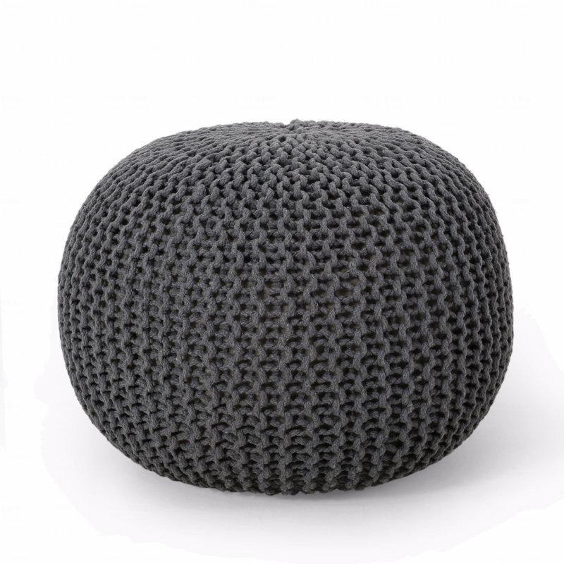 Cotton Upholstered Round Pouf Ottoman, Gray