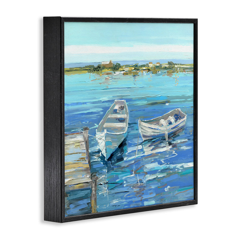 Art de giclée serein, bateaux à rames, océan, par Sally Swatland, H 17 po x l 17 po x P 1,5 po, Giclée encadrée noir minuit
