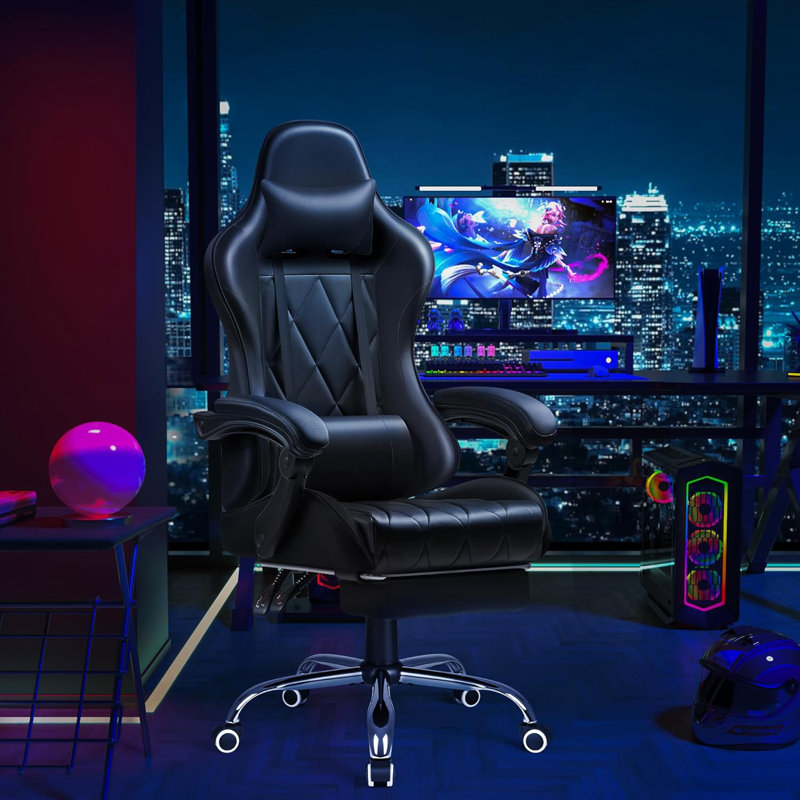 Gaming Chair with Footrest and Massage Lumbar Support, Ergonomic Computer Seat Height Adjustable with 360°Swivel and Headrest, Black