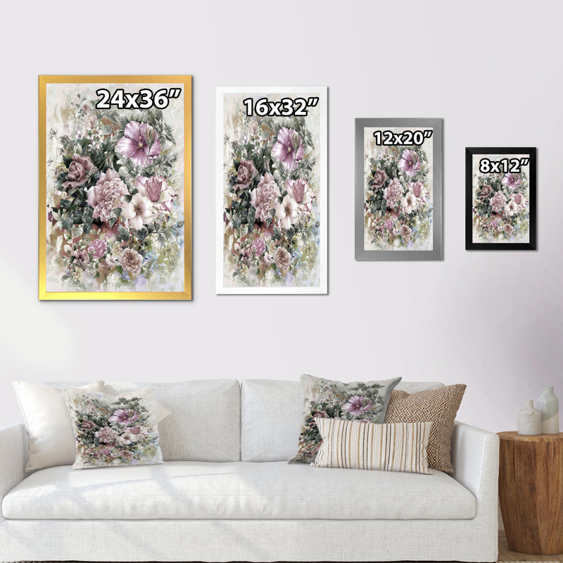 Grunge rose gris fleurs d'été IV - reproduction d'art sur toile traditionnelle, H 20 po x l 12 po x P 1 po