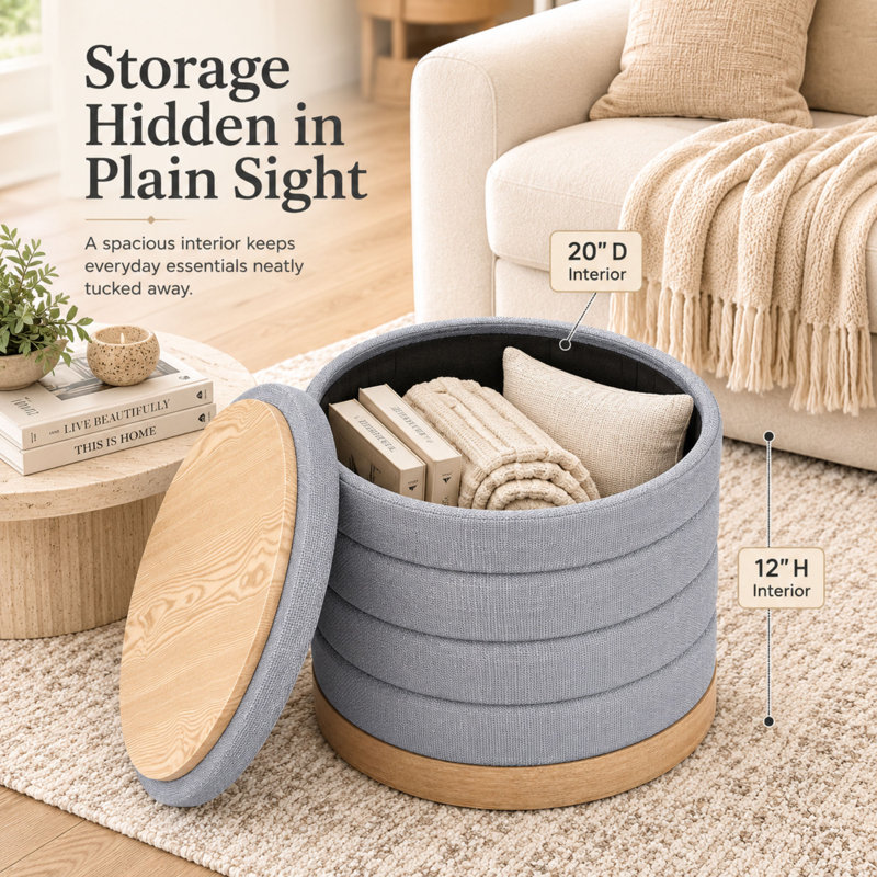 Round Linen Storage Ottoman with Reversible Tray Top, Blue Upholstered Accent Stool, 22-Inch, Blue