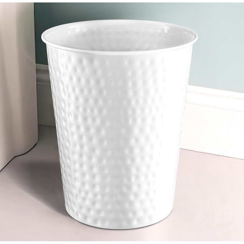 Hand Hammered Metal 1.8 Gallon Wastebasket Trash Can For Home Office Bedroom, Bathroom Decor, Classic White