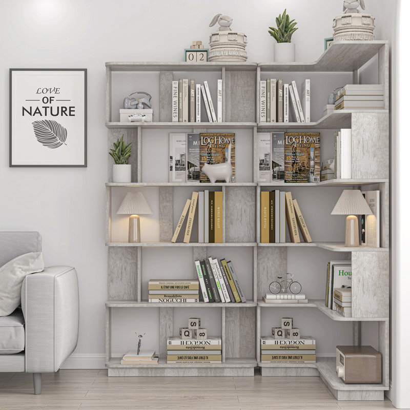 Bibliothèque d'angle peu encombrante de 90 cm + combinaison libre et extensible de 80 cm pour bibliothèque, ensemble de 2 tablettes de présentation, couleur gris clair et 4 autres couleurs optionnelles, meubles combinés et assortis