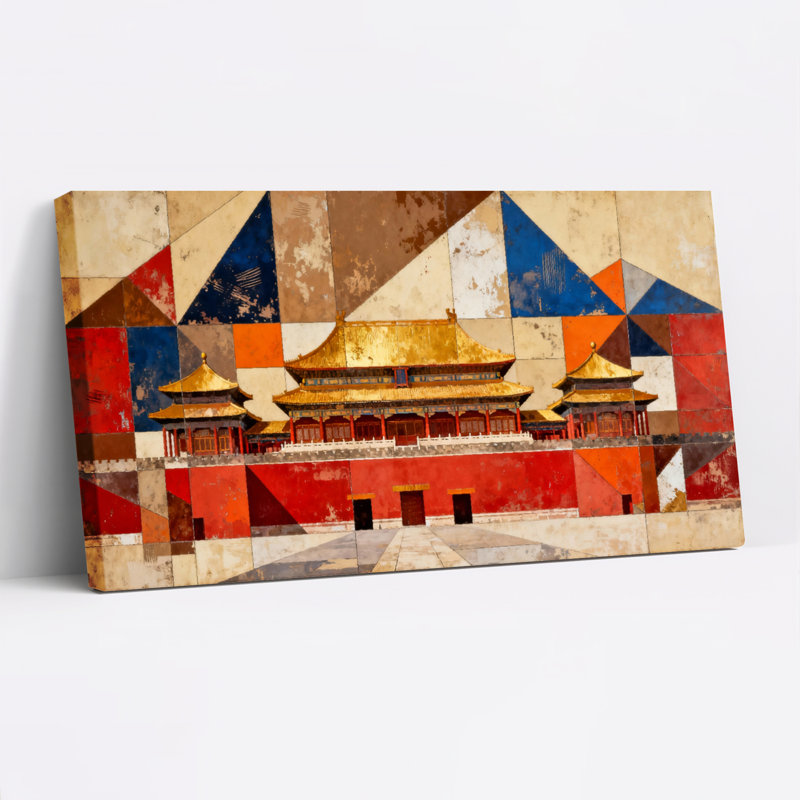 Ensemble de 1 tableau abstrait géométrique sur toile tendue représentant l'architecture traditionnelle des palais chinois