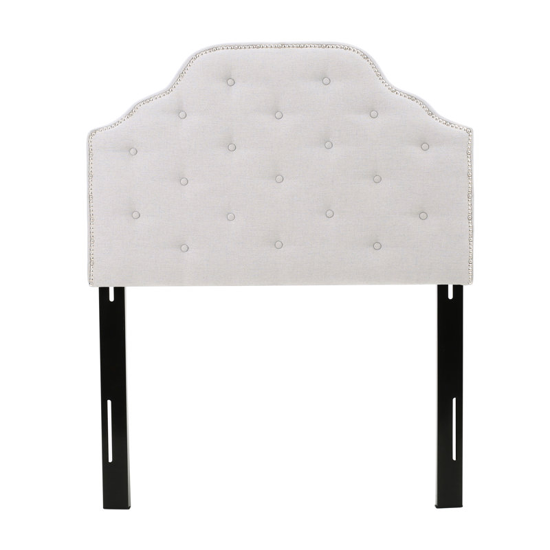Twin Sized Headboard In Grey Featuring Stylish Button Tufting And Adjustable Legs Fabric With Elegant Nailhead Accents