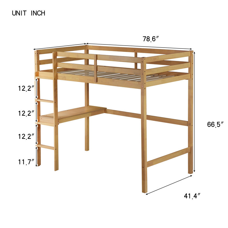 Twin Loft Bed with Built-in Desk, Rubber Wood High Loft Bed with Safety Guardrail & Ladder, Oak
