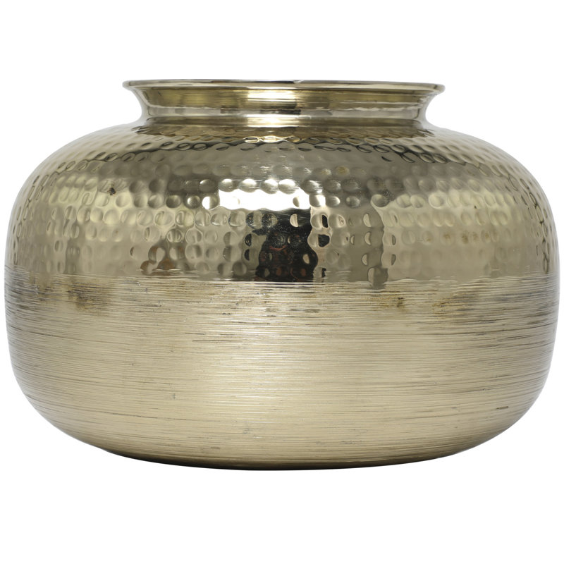 Carel Aluminum Metal Brushed Decorative Gold Vase with Hammered Top, 8.05" H x 11.85" W x 12" D