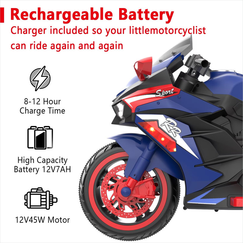 Moto à deux roues alimentée en 12V pour tout-petits, cadre en acier de 40 pouces, musique Bluetooth, rouge