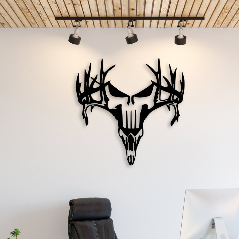 Deer Metal Wall Art - Hunting Wildlife Skull Design Decor - Deer Antler Silhouette Wall Hanging - Rustic Cabin Lodge Theme Sculpture - Modern Industrial Metal Art - Outdoor Adventure Home Decor - Bold Statement Art Piece
