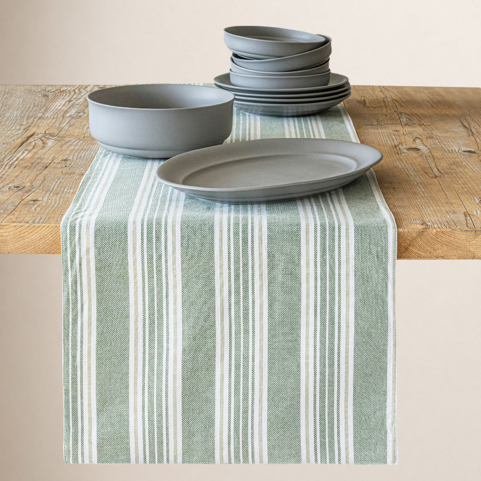 Woven Striped Striped Table Runnner, White/Green, 18" W x 108" L