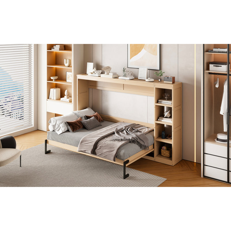 Lit double naturel avec bibliothèque et construction, pliable pour économiser de l'espace à la maison, rangement, support de matelas à lattes de bois, facile à assembler avec une construction pratique, -