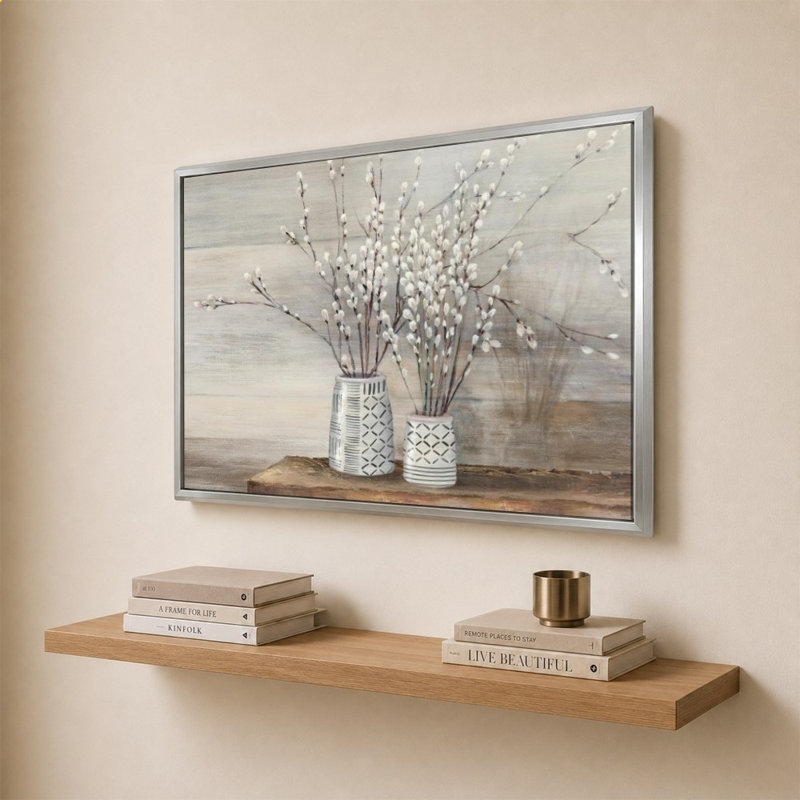 «Pussy Willow Still Life with Designs» par Julia Purinton - impression sur toile, 28" H x 40" W, Argent