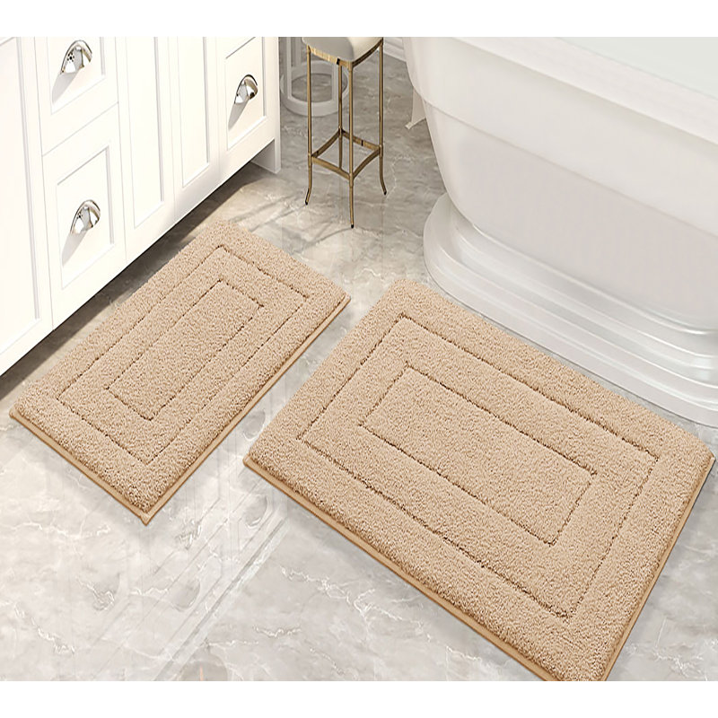 2 Piece Bordered Box Plush Soft Cozy 100% Polyester Bath Mat Set, Beige