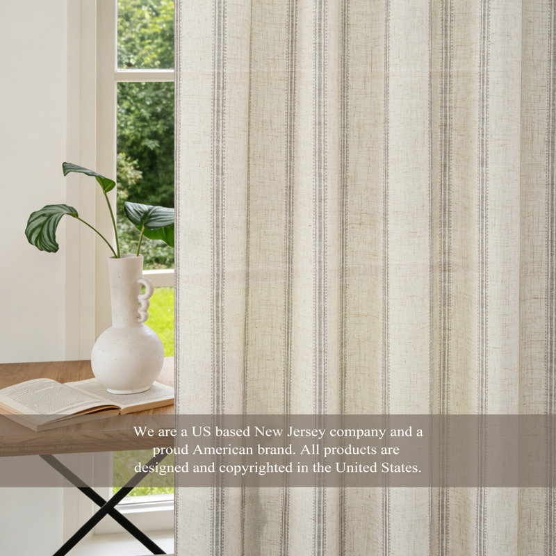 Farmhouse Striped Linen Blend Textured Light Filtering Semi Sheer Rod Pocket Back Tab Curtains, 52" W x 54" L, Grey