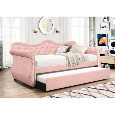 Lit de jour rose avec couchette - Velours revêtu de tissu d'ameublement, Structure, Velours de style contemporain recouvert de tissu d'ameublement courbé, Accoudoir relaxant
