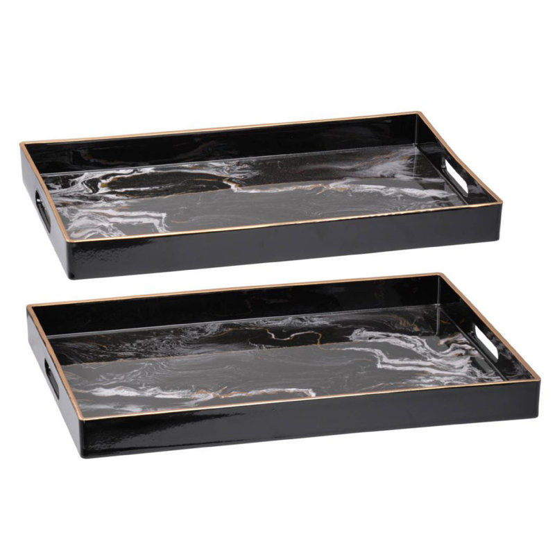 Fara Rectangular Tray Set Of 2, Marble Design, Cutout Handle, Black Plastic, Black/White/Gold
