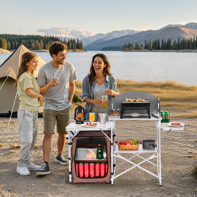 Table de camping en forme de X avec armoire de rangement et table de barbecue pliante portative pour l'extérieur VEVOR
