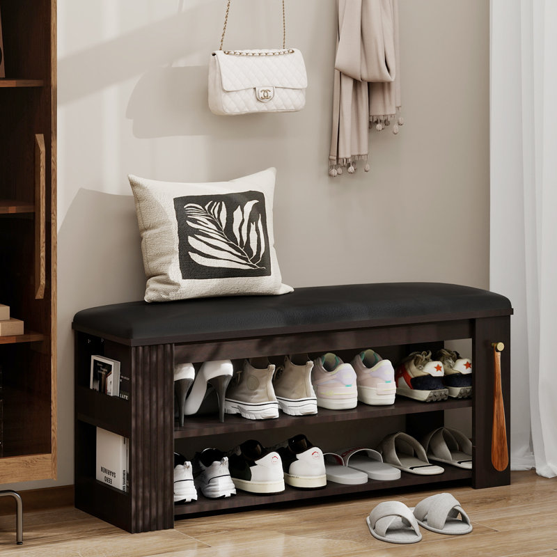 No More Clutter Entrée - Banc à chaussures brun avec crochets en métal pour chapeaux, vestes et chaussures, sièges pour 1 à 2 personnes