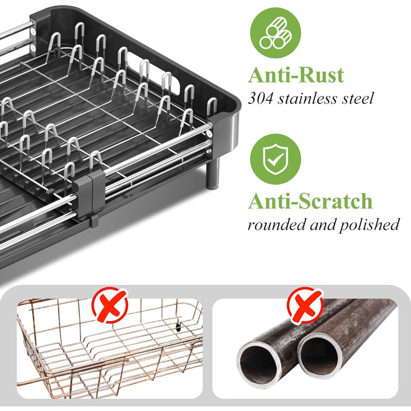 Expandable Satin Black Stainless Steel Dish Drying Rack with Utensil Holder