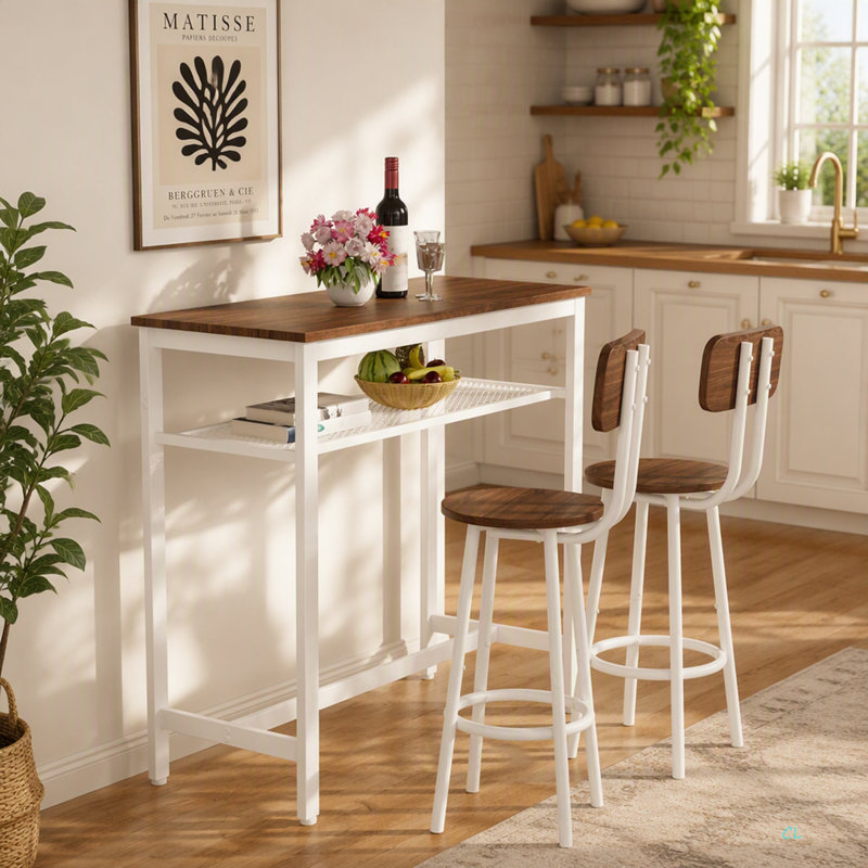 Ensemble de 3 tables de bar, 2 tables de bar et chaises avec cadre en métal et support de rangement, table de hauteur comptoir moderne avec 2 tabourets pour la cuisine, la salle à manger et le salon