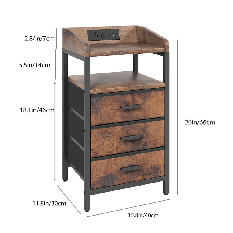 Nightstands With Charging Station, Mid Century Modern End Side Table, Bedside Table, Rustic Brown