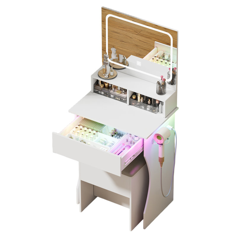 Vanity Desk, Makeup Vanity With Led Light Mirror, Small White Vanity With A Super Large Drawer And Power Outlet, 3 Color Lighting Modes Makeup Table For Bedroom, Dressing Room