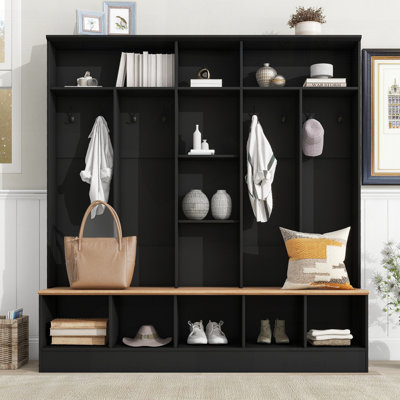 Arbre d'entrée large avec banc de rangement, armoire à chaussures minimaliste avec tablettes de rangement cubiques, portemanteau multifonctionnel pour les vestibules et les vestibules