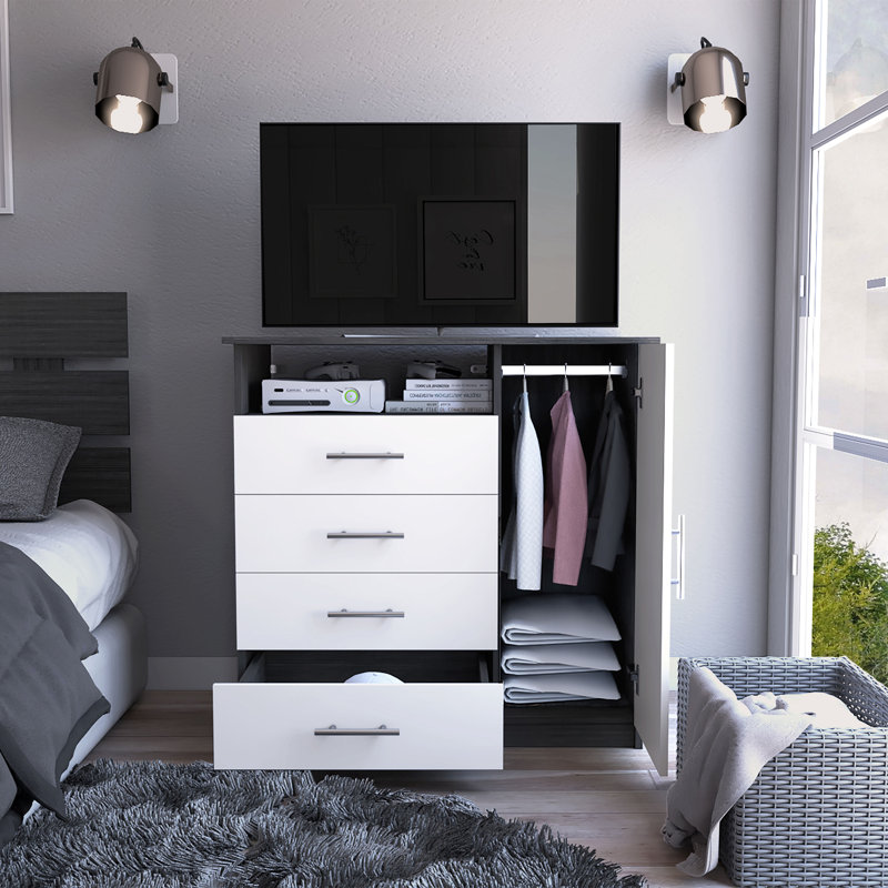 Commode 4 tiroirs avec placard vertical Khenadi, Chêne / blanc