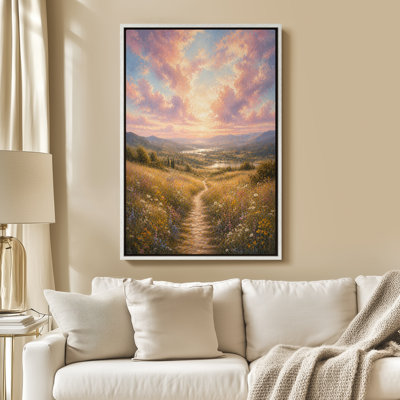 Art mural sur toile encadrée - Chemin de prairie ensoleillé sous un ciel dramatique - 16 po x 24 po, 24 po x 36 po