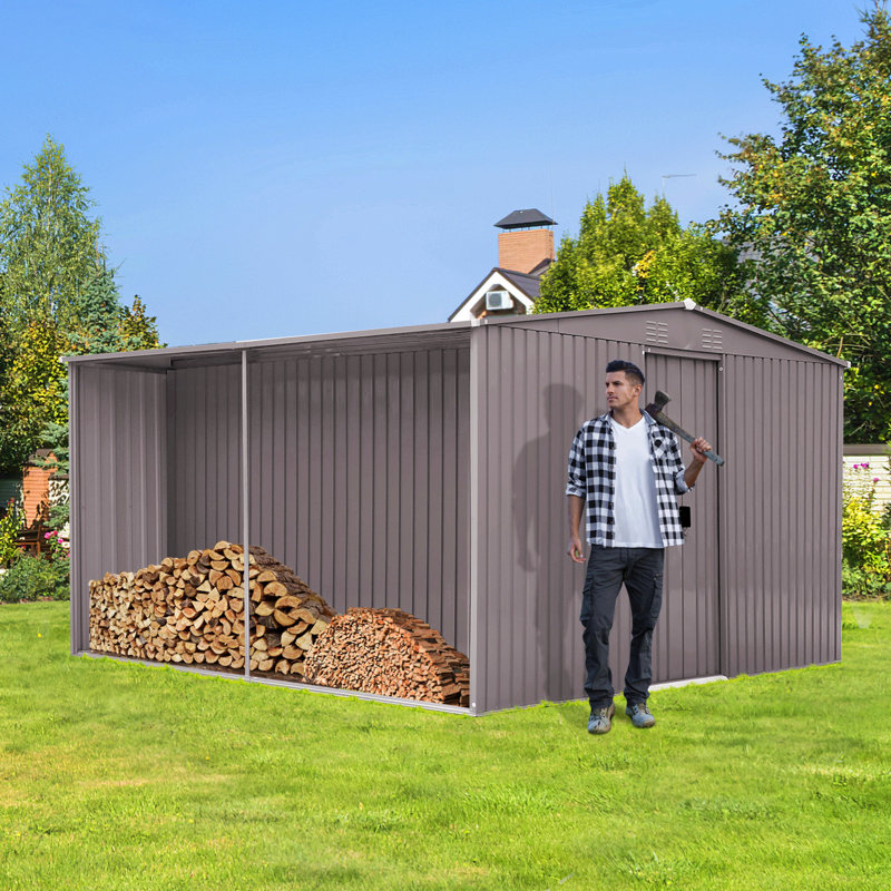 New Outdoor Storage Shed Has Two Functions: Metal Shed And Firewood Shed 13 Ft×11 Ft , More Suitable For Winter , Grey