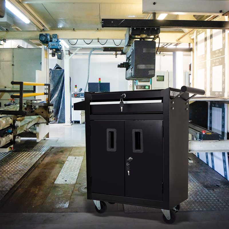 Garage Storage Cabinet Tool Cart With 1 Drawer And Lockable Door, Four Wheels, Black Color, Eva Cushion,industrial Service Utility Tool Cart For Mechanics, Garage, Workshop