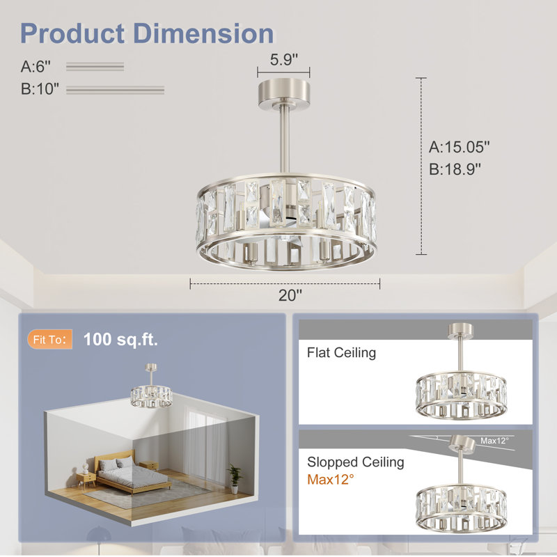 Ventilateur de plafond en cristal 20 pouces avec lumière