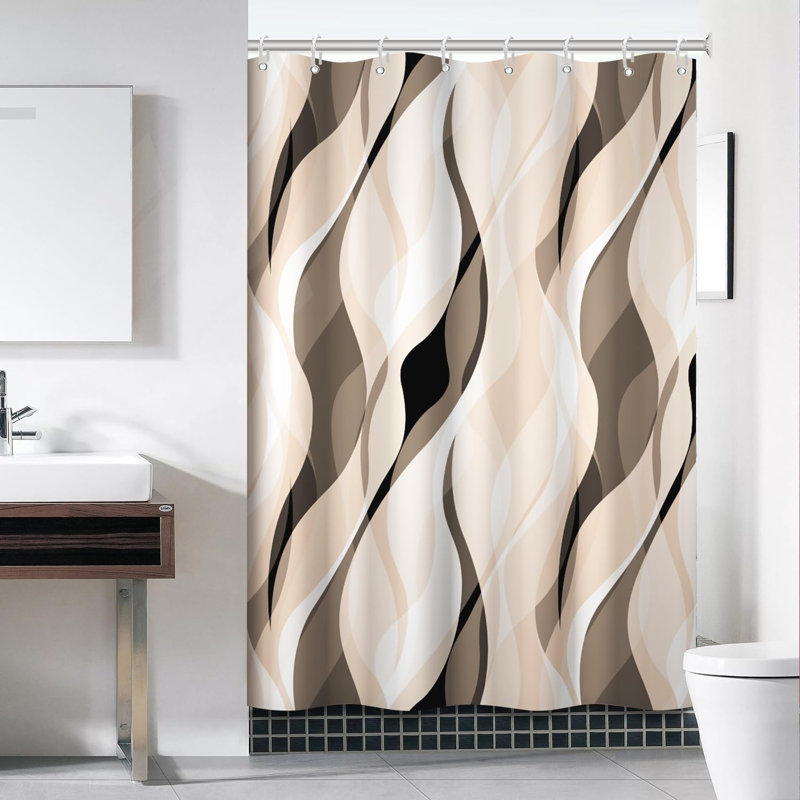 Pack of 1 Modern Abstract Striped Shower Curtain Set with Hooks, Cream, 243.84cm H x 182.88cm W