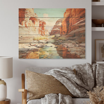 River By The Canyon Landscape - Canyon Wood Wall Art On Natural Pine Wood