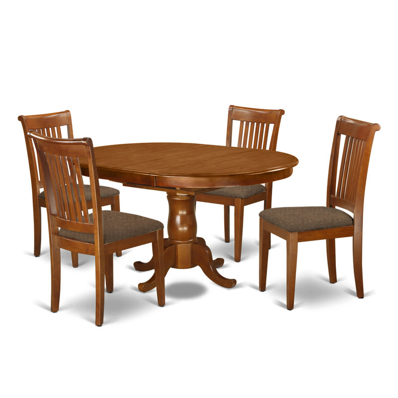 L'ensemble de mobilier de salle à manger 5 pièces comprend une table ovale en bois avec rallonge papillon et 4 chaises de cuisine en lin, brun selle