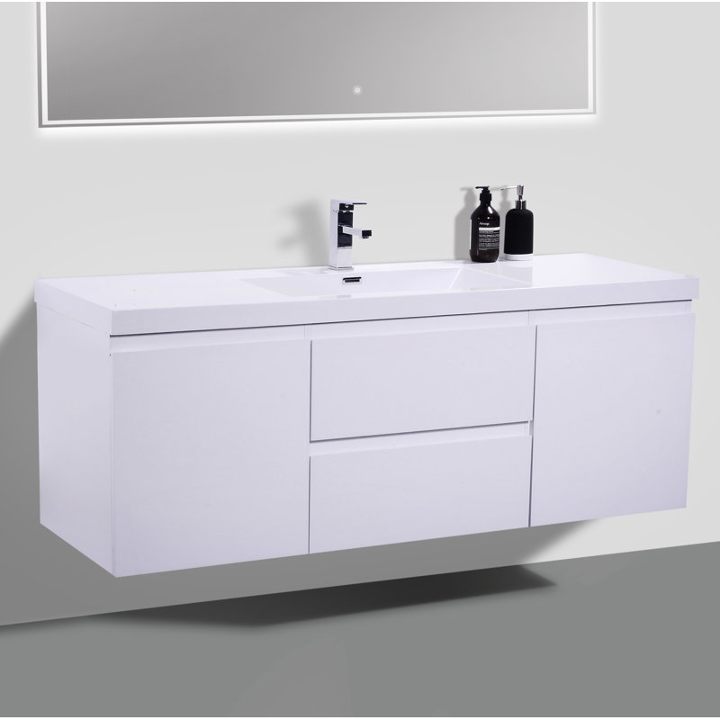 Ensemble de meuble-lavabo mural simple de 59,5 po Polychronis, Blanc ultrabrillant