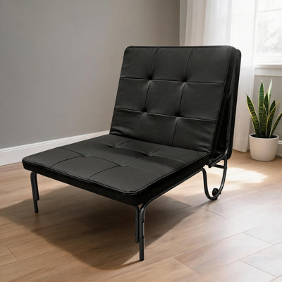 Deep Black Convertible Folding Futon Chair Small Living Room Guest Space Faux Leather Metal Adjustable Super Single Size